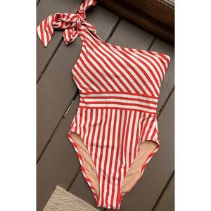 J. Crew Red Stripe One Shoulder Swimsuit, Size 6